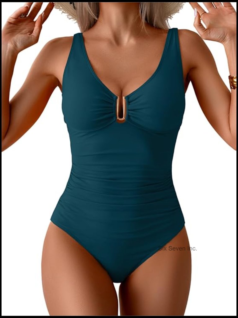 Tummy Control One Piece Swimsuit With Push Up V-Neck Ruched